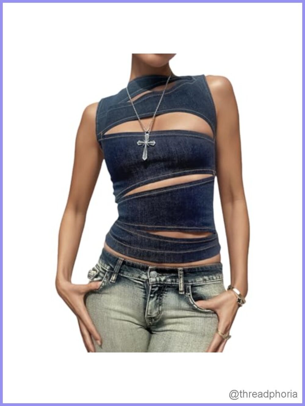 Sexy Cutout Denim Tank Top Sleeveless Hollow Out Y2K Crop Top Zip Back Bustier